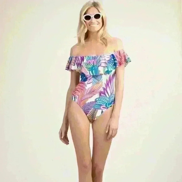 Trina Turk PARADISE PLUME OFF SHOULDER ONE PIECE swimsuit bathing suit 6 small - Picture 1 of 14